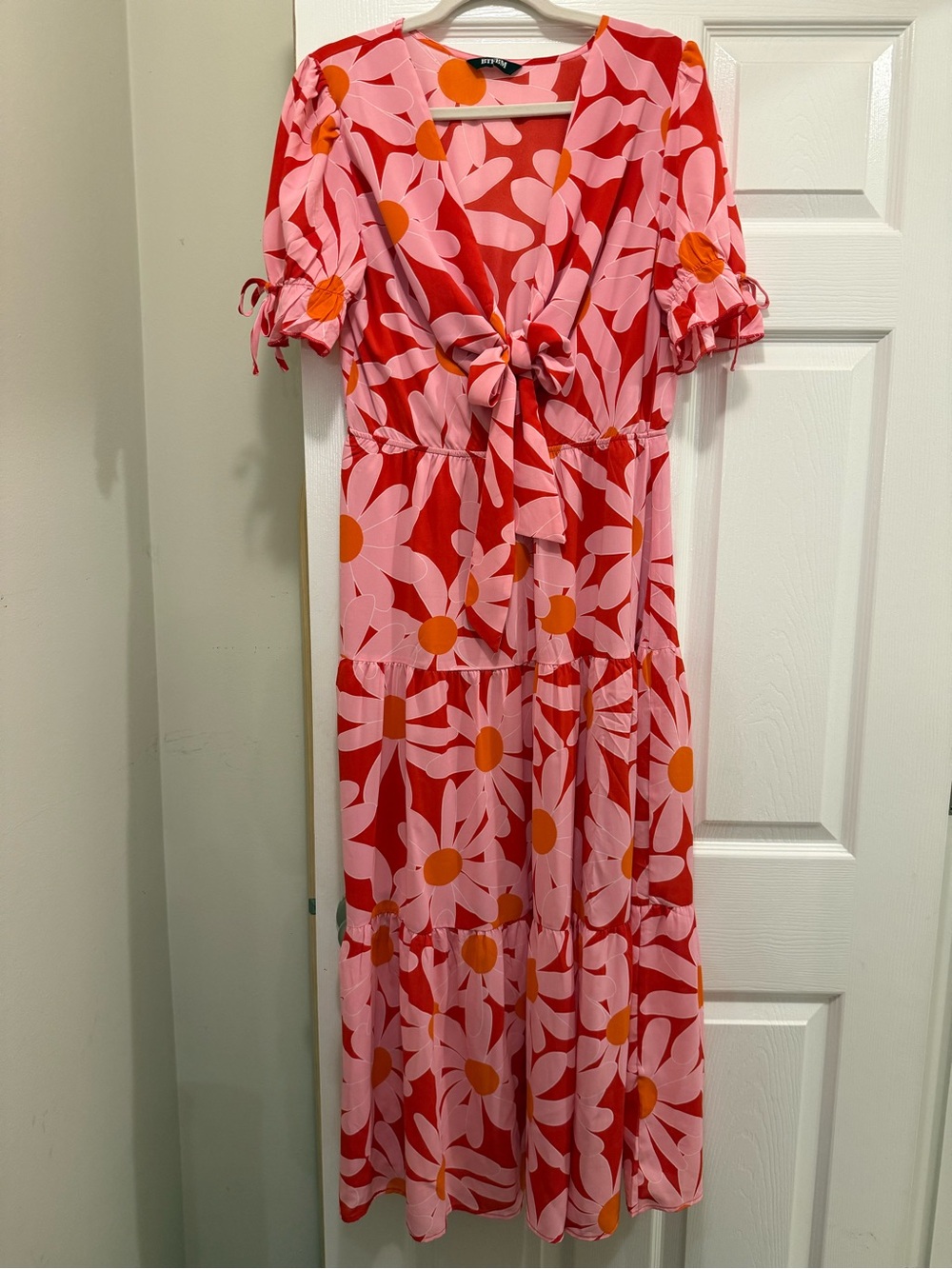Bright Pink & Red Floral Tie-Front Kids Dress